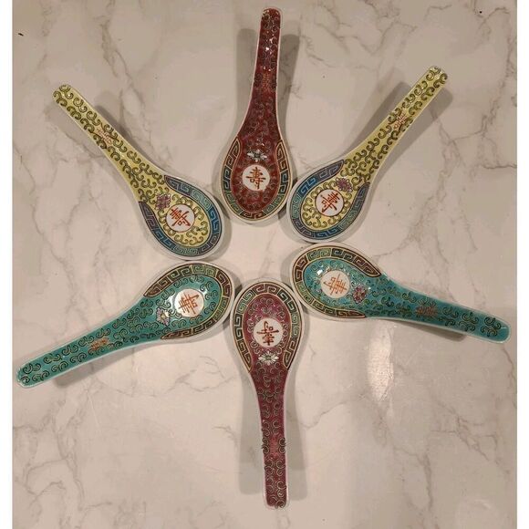 Mun Shou Multi Color Longevity Porcelain Asian Chinese Soup Rice Spoons Set of 6 - Picture 1 of 10